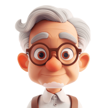 3D rendering of elderly man with gray hair, glasses, white shirt. png
