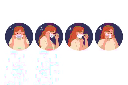 Instructions for wearing medical mask, with step-by-step plan to avoid infection with dangerous flu vector