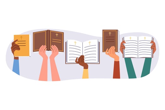 People hold bible and holy books from christian religious library, describing life of jesus vector