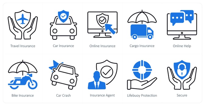 A set of 10 Mix icons as travel insurance, car insurance, online insurance vector