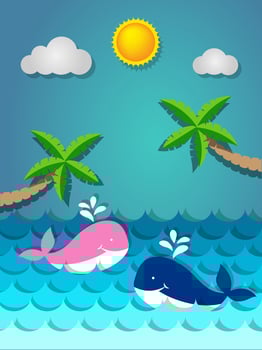Whale swimming in the sea and coconut tree on the beach with the sun for summer concept vector