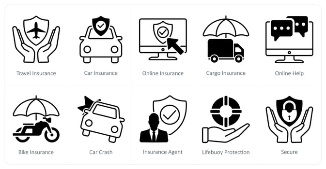 A set of 10 Mix icons as travel insurance, car insurance, online insurance vector