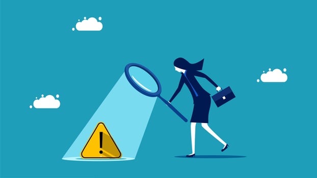 businesswoman looking at a magnifying glass and a caution sign vector