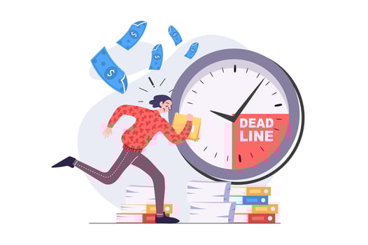 Deadline concept in modern flat design for web. Anxious employee running with documents and trying hurry to time, solving problems and urgent tasks, doing paperwork at work. illustration. vector
