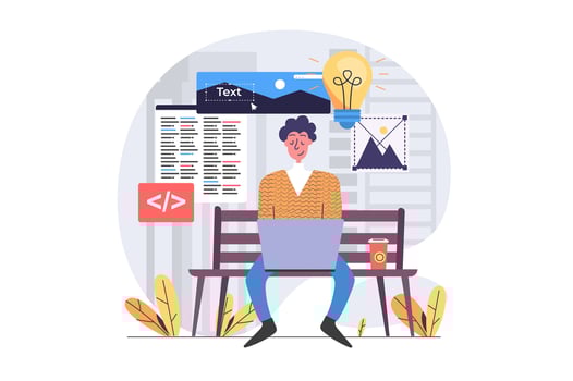 Freelance concept in modern flat design for web. Man freelancer working online and sitting at park bench, brainstorming and programming new product, developing software outdoor. illustration. vector