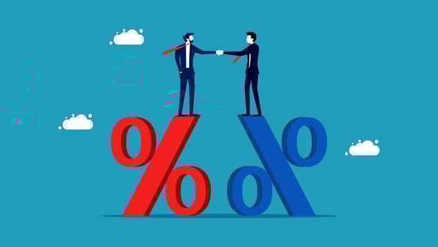 two businessmen shaking hands on top of a percent sign vector