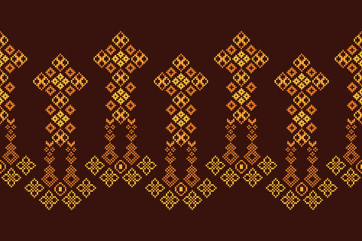 Traditional black ethnic motifs ikat geometric fabric pattern cross stitch.Ikat embroidery Ethnic oriental Pixel brown background.Abstract,illustration. Texture,decoration,wallpaper. vector
