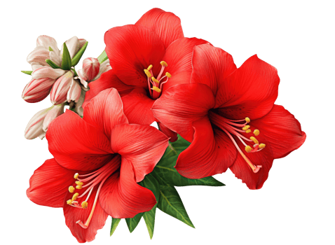 Red amaryllis flowers in a floral corner arrangement isolated on white or transparent background, png
