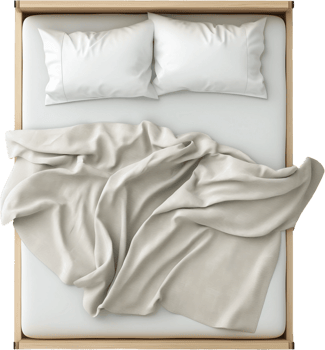bed with pillows and blanket on top of a wooden frame png
