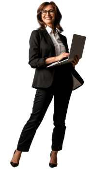 Full body portrait of positive cheerful ceo expert business woman work at laptop isolated on white or transparent background. png