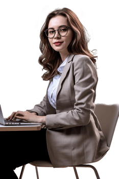 Full body portrait of positive cheerful ceo expert business woman work at laptop isolated on white or transparent background. png