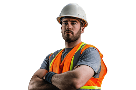 Portrait of male construction worker arms crossed wearing protective clothes, helmet isolated on white or transparent background. png