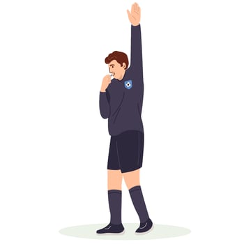 Football referee in a black sports shirt raised his hand up and blows the whistle. Soccer referee stops the game. Cartoon illustration in flat style isolated. vector