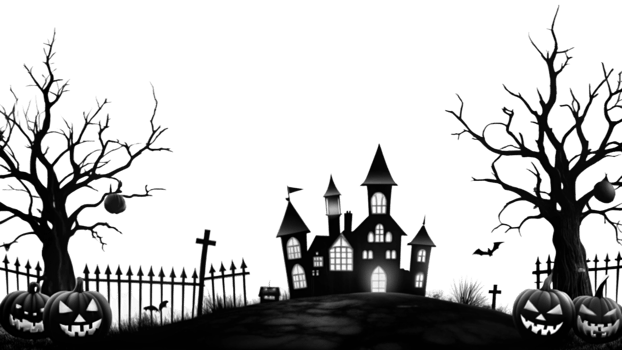 halloween background black and white with pumpkins and bats png