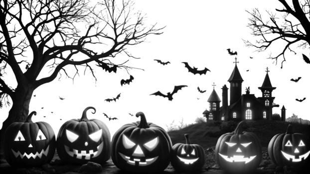 halloween background black and white with pumpkins and bats png