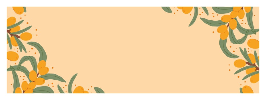 Sea Buckthorn Fall Sale Promotional Banner, adorned with autumn-themed illustrations of orange berries and green leaves on a refined beige background. vector