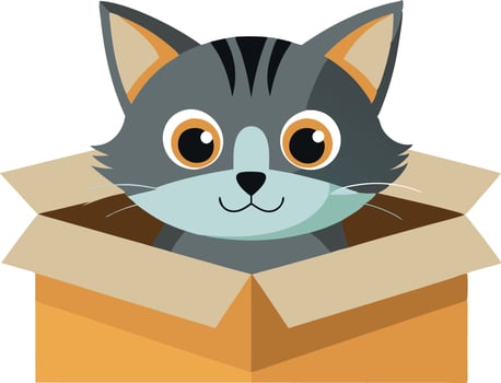 Cute cartoon cat peeking out of a cardboard box with big eyes and a playful expression vector