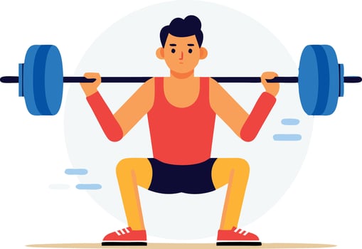Animated illustration of a man lifting a barbell in a squat position vector