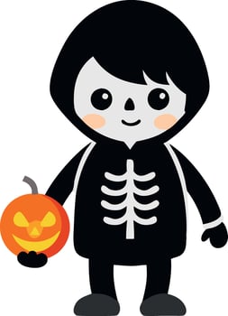 Kid dressed as a skeleton holding a pumpkin basket vector
