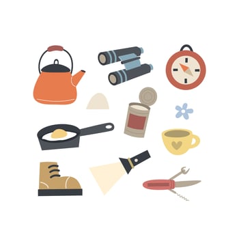 Cartoon camping thematic elements, hand drawing lettering. vector