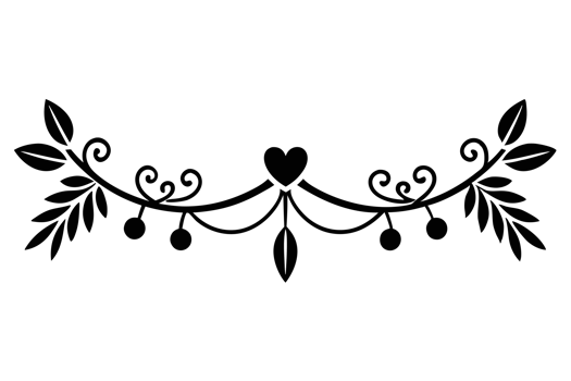 black wedding ornamental design features a central heart shape flanked by symmetrical, swirling floral patterns and leaves. png