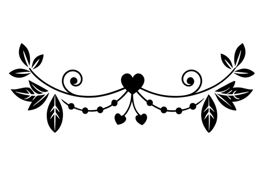 black wedding ornamental design features a central heart shape flanked by symmetrical, swirling floral patterns and leaves. png