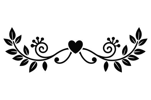 black wedding ornamental design features a central heart shape flanked by symmetrical, swirling floral patterns and leaves. png