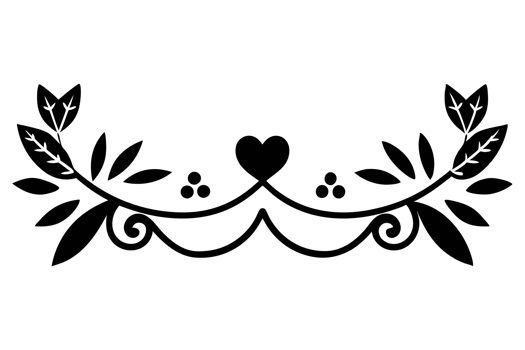 black wedding ornamental design features a central heart shape flanked by symmetrical, swirling floral patterns and leaves. png