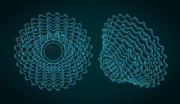 Cassette bicycle sprockets technical drawings vector