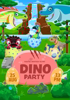 Kids party flyer with funny prehistoric dinosaurs vector