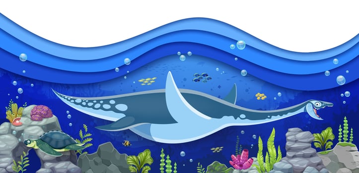 Underwater plesiosaurus dinosaur, paper cut ocean vector