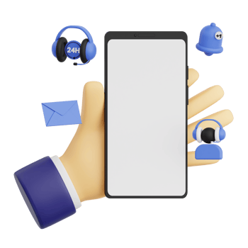 3d render hand gesture holding smartphone with white space screen for mockup with Customer Service concept. Transparent background illustration png