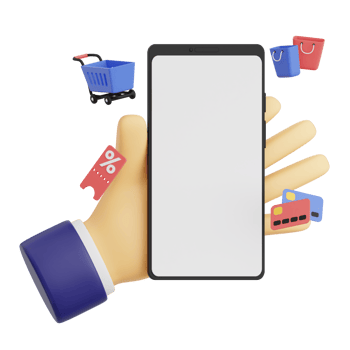3d render hand gesture holding smartphone with white space screen for mockup with Shopping concept. Transparent background illustration png