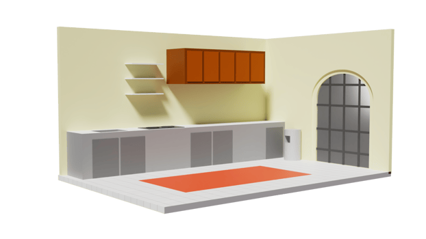 A 3d model of a kitchen with cabinets and a sink png