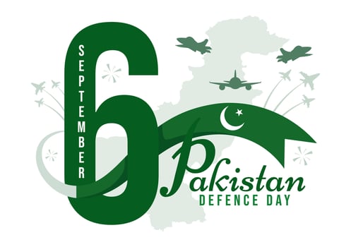 Pakistan Defence Day Illustration on 6th September featuring Waving Flag, Jets, Army, Building, and tanks in a Flat Style Cartoon Background vector