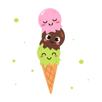 Kawaii cartoon ice cream character isolated on white background. Funny cute food illustration for kids textile logo or printing on any surface. Sweet food sugar and tasty desert vector