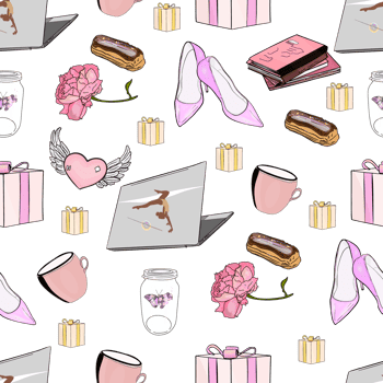 Fashion design pattern. Shoes pink, girl, heart, sweet. Seamless pattern with the symbols. Eiffel tower, coffee, lavender, love, print paris png
