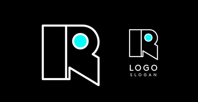 Abstract R letter logo with blue dots. Minimalist linear design, bold and clean letter monogram for corporate branding, tech startups, security businesses, and game apps. illustration. vector