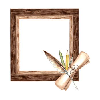 Writing supplies on wooden square frame. Scroll of paper, Feather pen and pencils. Hand drawn watercolor illustration isolated. Knowledge for all. Template with copy space for card, website, workshop. png