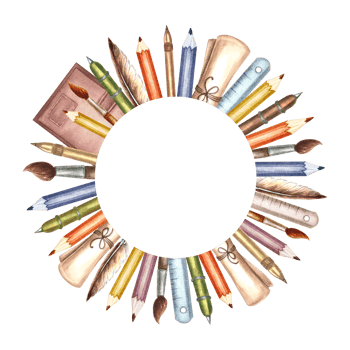 Writing supplies, frame with stationery. Paper, brush and pencil. Hand drawn watercolor illustration isolated. School stuff for create. Knowledge for all. Template with copy space for website, print. png