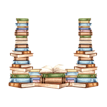Book stacks, frame square. Composition with copy space from textbooks on bookshelf. Hand drawn watercolor illustration isolated. Knowledge for all. Template for card, website, bookstore or library. png