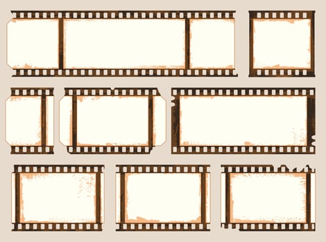 Grunge film strip border frame. Camera roll vintage design. Photo album, place for negative pictures with grunge sepia effect. Retro scratched background vector