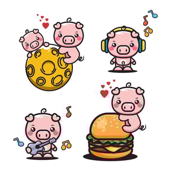 Set of cute cartoon pig characters with different emotions. illustration. vector