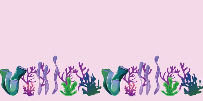 Underwater themed seamless horizontal pattern with colourful seagrass and corals on a pink background. Ideal for textile, paper, and wallpaper applications vector