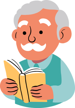 Doodle style of senior man reading book illustration, old grandfather, grandparents day, senior citizen, elderly person, hobby, retire, aging society, study, library, teacher, learning, infographic png