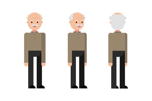 Grandfather character. Poses front, side, back. Flat design, isolated on white background. illustration vector
