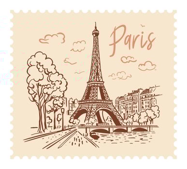 The Eiffel Tower in Paris with a postage stamp in the background of the city. Landmark of Paris. Linear illustration. Doodle style vector