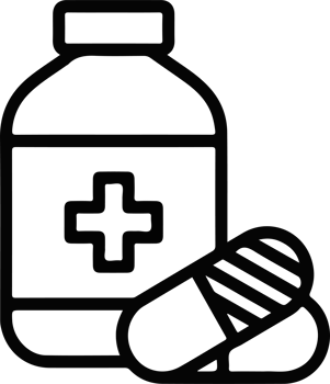A bottle of medicine with a cross on it and a pill next to it png