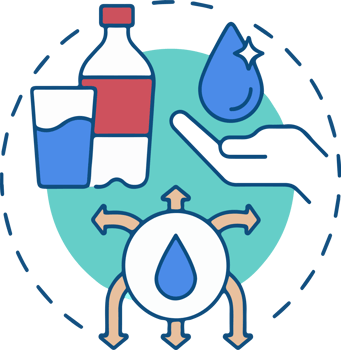 A blue circle with a hand holding a bottle of water and a cup of water, water management png