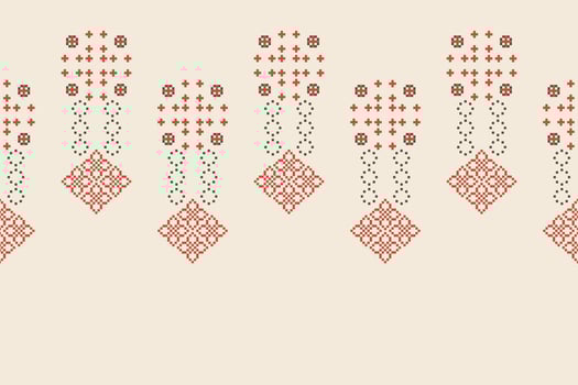 Traditional ethnic motifs ikat geometric fabric pattern cross stitch.Ikat embroidery Ethnic oriental Pixel brown cream label background. Abstract,illustration. Texture,decoration,wallpaper. vector